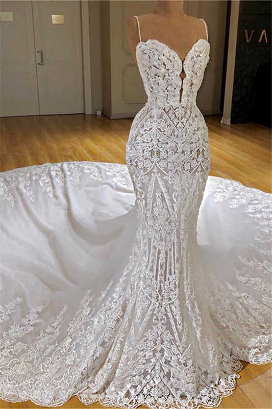 Modern Spaghetti-Straps Lace Mermaid Wedding Dress With Train Appliques
