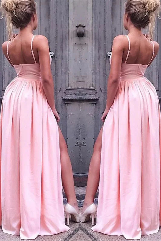 Modern Spaghetti-Straps Pink Long Evening Dress With Slit