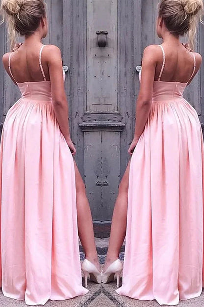 Modern Spaghetti-Straps Pink Long Evening Dress With Slit