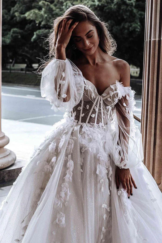 Ivory Wedding Dress Long Sleeve Corset A Line Off The Shoulder Tulle Bridal Dress With Appliques Beautiful