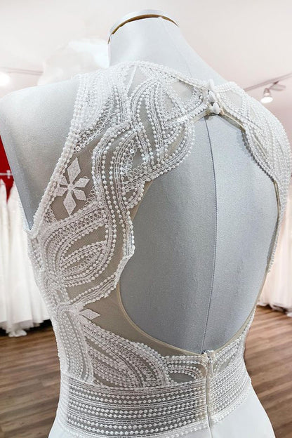 Modest Long A-line Chffon Jewel Open Back Wedding Dress with Ruffles Appliques