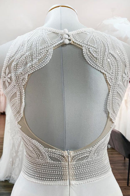 Modest Long A-line Chffon Jewel Open Back Wedding Dress with Ruffles Appliques