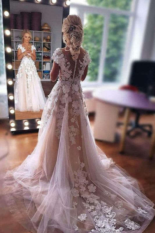 Modest Long A-line Floor Length Sleeveless Wedding Dress with Lace Tulle
