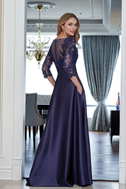 A-line boat collar satin lace 3/4 long sleeved and floor length mother of the bride dress