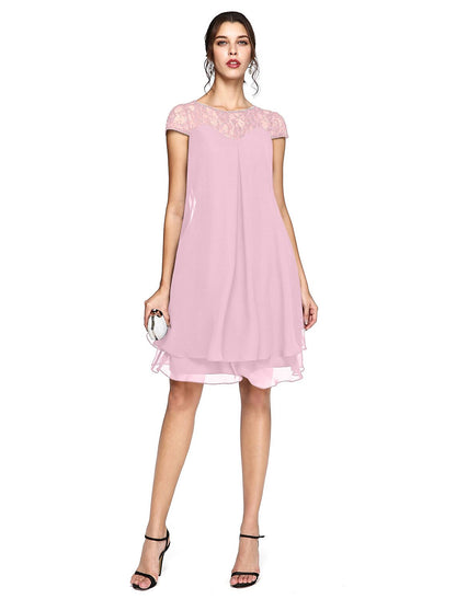 Aimishang A-Line Mother of the Bride Dress Plus Size Elegant Illusion Neck Knee Length Chiffon Lace Short Sleeve with Sequin