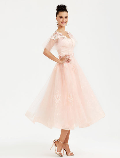A-Line Prom Dresses Elegant Dress Wedding Short Sleeve V Neck Tulle with Appliques