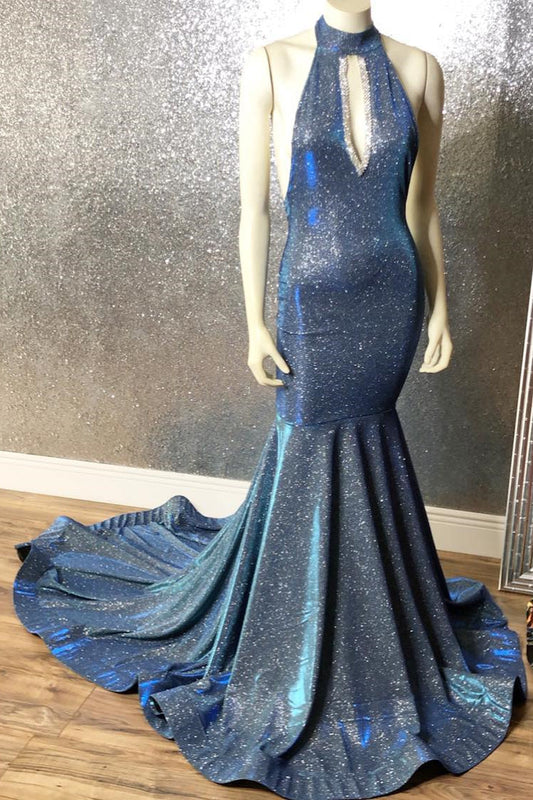 Navy Blue Sequins High Neck Mermaid Prom Dress