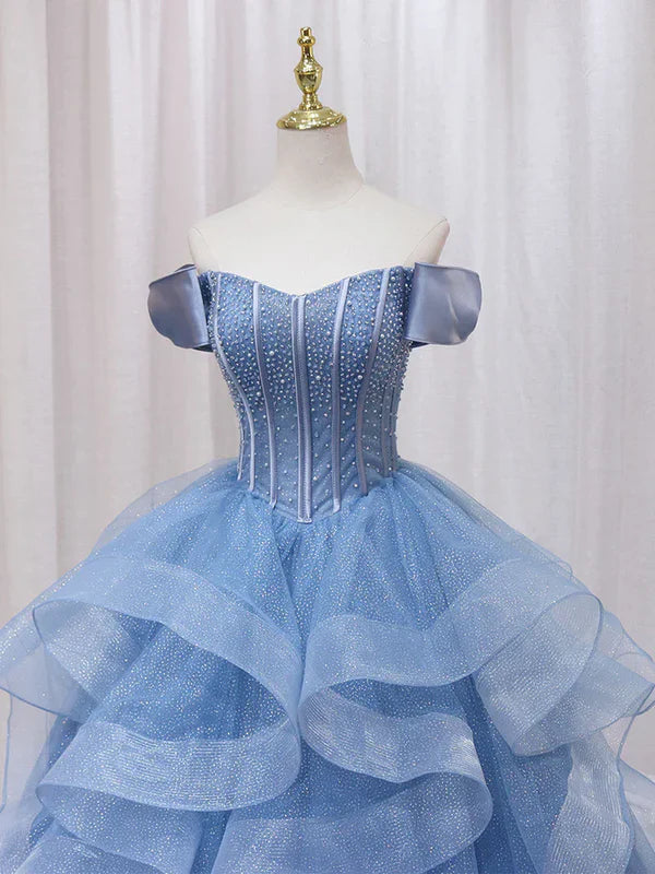 Adult dress A-line blue sheer long ball dress blue sweet dress Off Shoulder Prom Dresses
