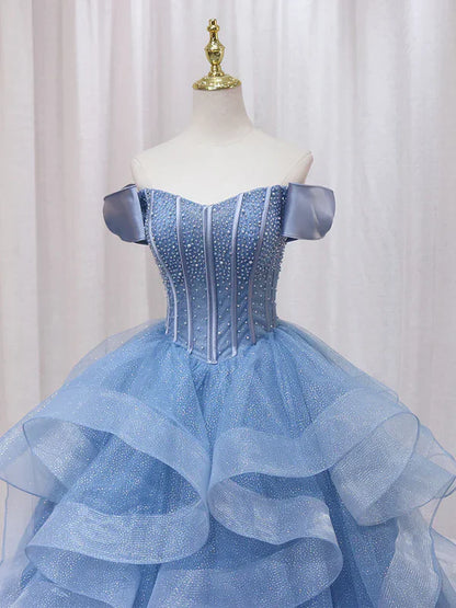Adult dress A-line blue sheer long ball dress blue sweet dress Off Shoulder Prom Dresses