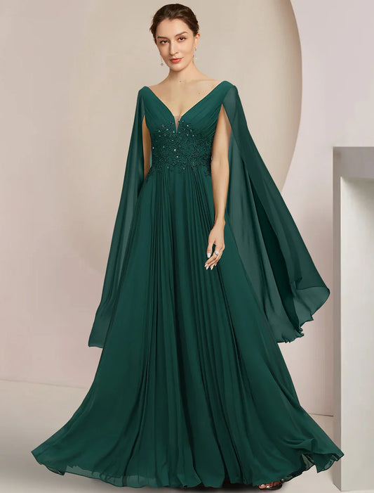 Aimishang  A-Line Mother of the Bride Dress Formal Wedding Guest Elegant V Neck Floor Length Chiffon Lace Sleeveless with Pleats Sequin Appliques