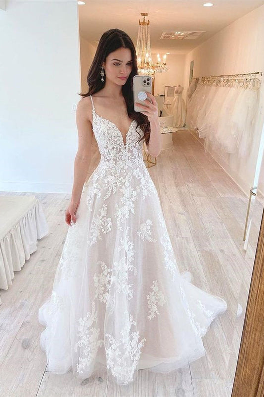 New Arrival A Line Wedding Dress with Spaghetti-Straps and Tulle Lace