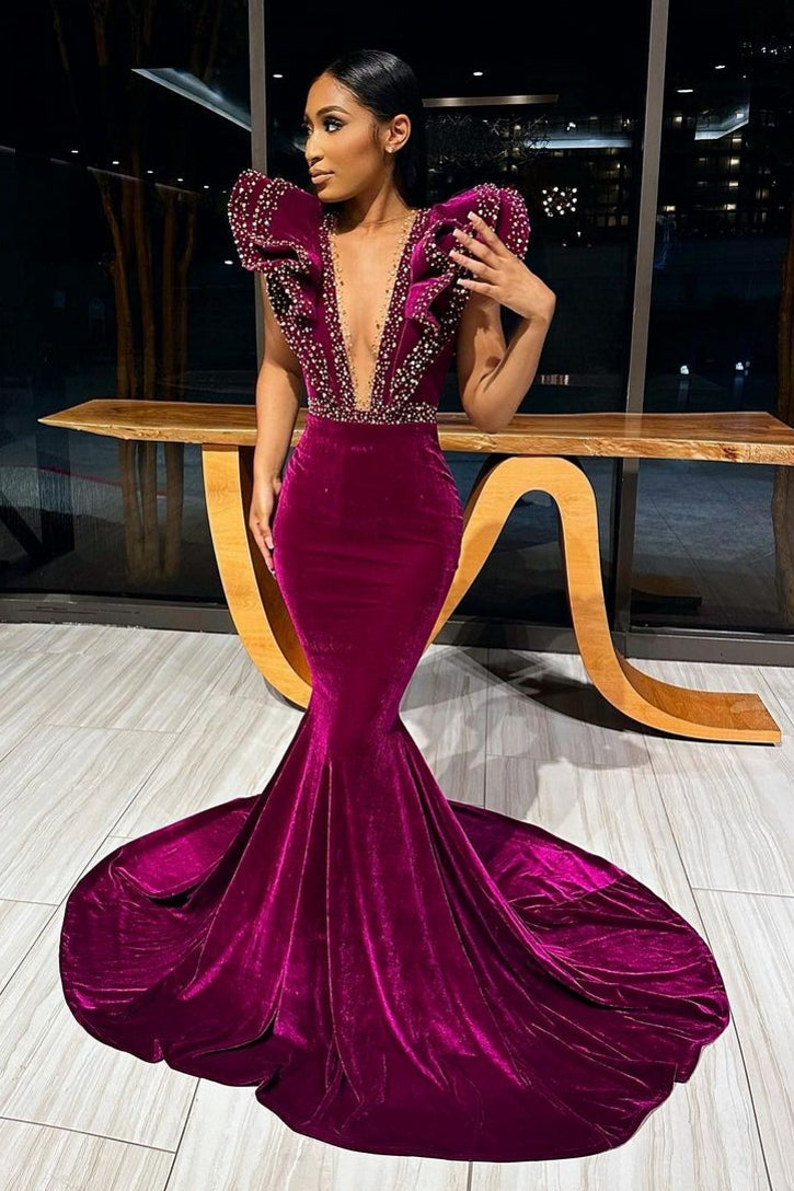 New Arrival Burgundy Velvet Mermaid Sleeveless Prom Dress with Beads