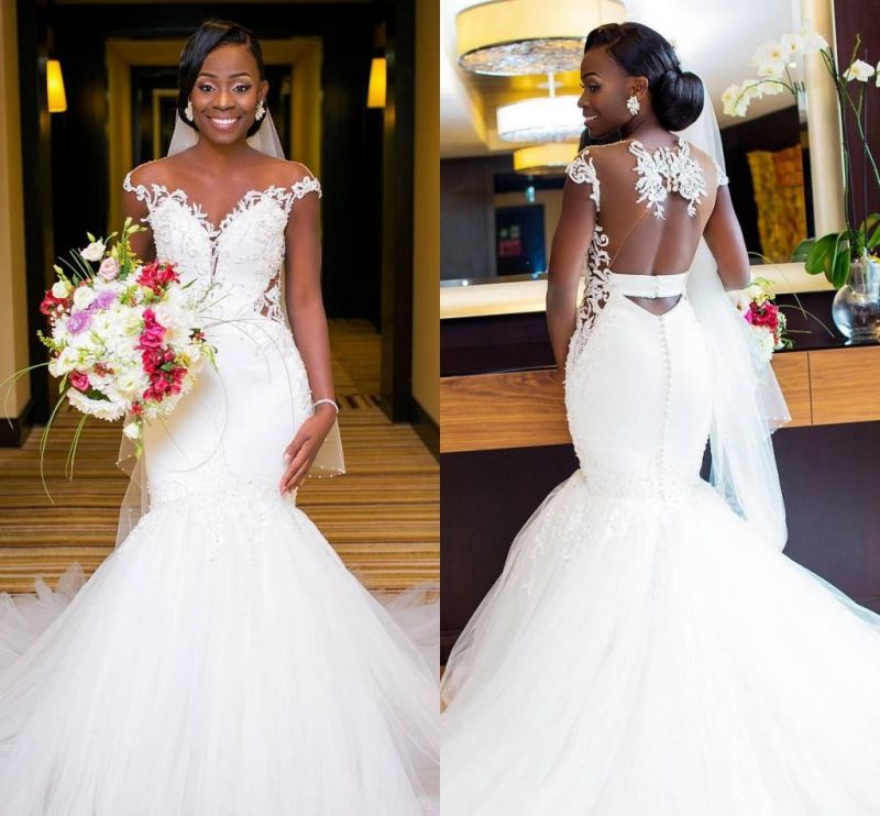 New Arrival Cap Sleeves Mermaid Long Wedding Dress with Lace Appliques