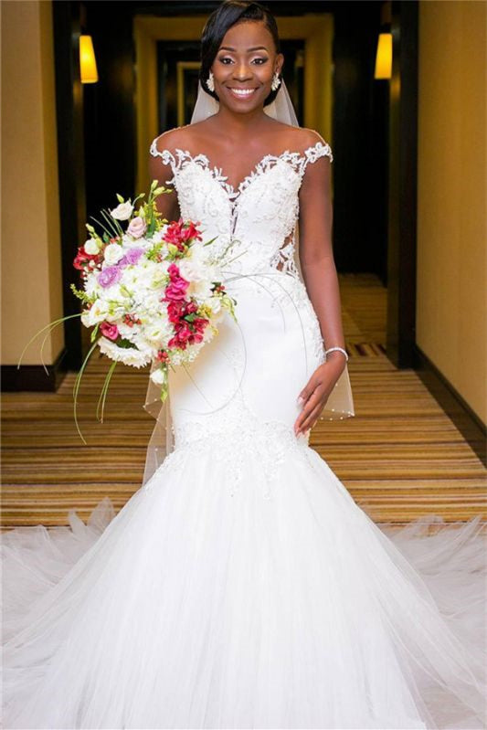 New Arrival Cap Sleeves Mermaid Long Wedding Dress with Lace Appliques