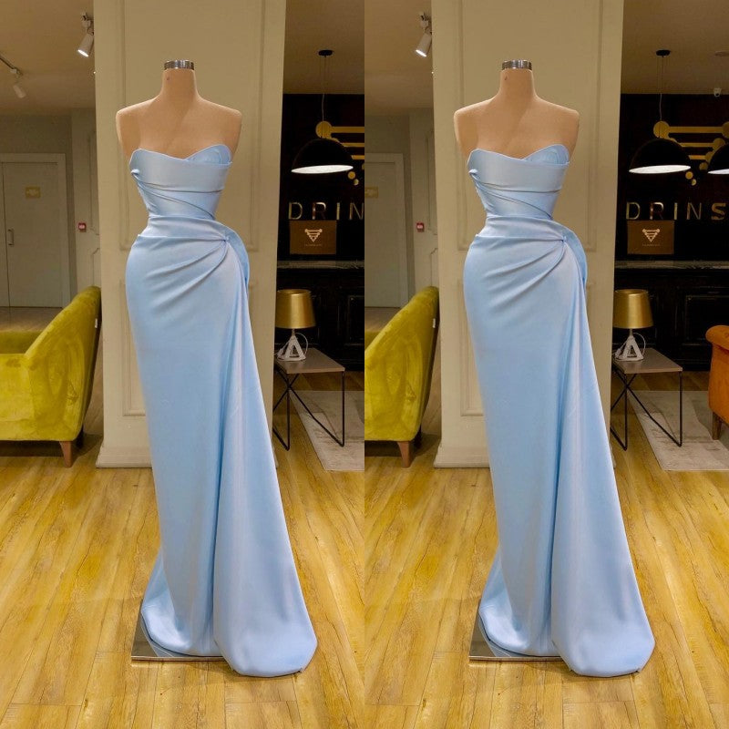 New Arrival Sky Blue Sheath Ruffles Sweetheart Prom Dress