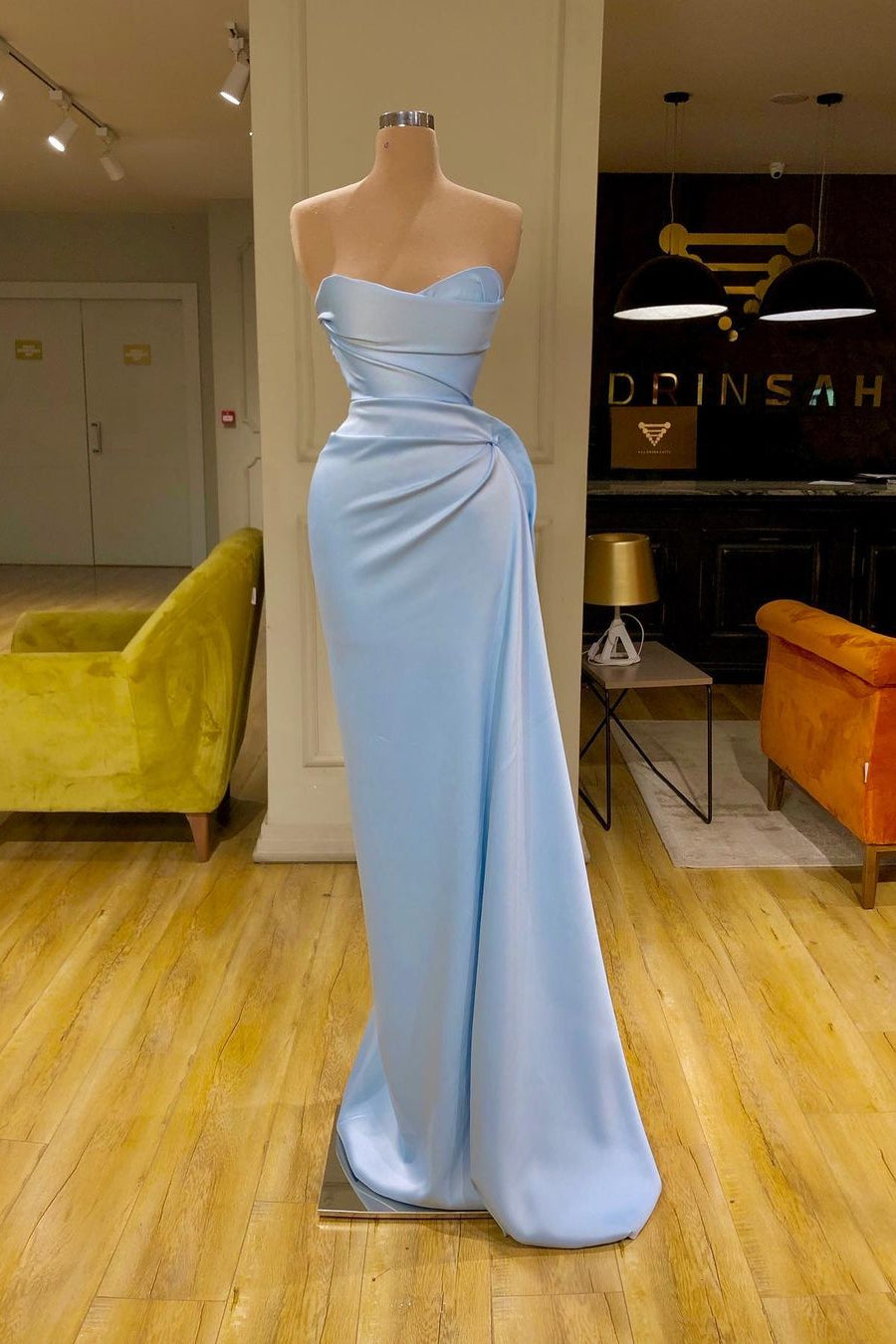New Arrival Sky Blue Sheath Ruffles Sweetheart Prom Dress