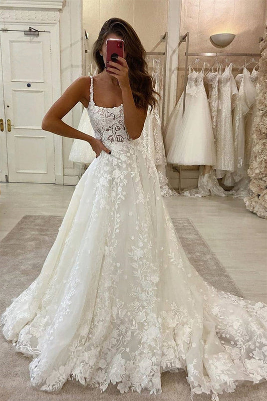 New Arrival Straps Sleeveless Wedding Dress with Lace Appliques Long