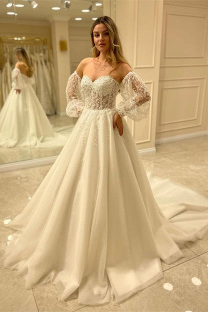 New Arrival Sweetheart Tulle Lace Wedding Dress with Bubble Sleeves