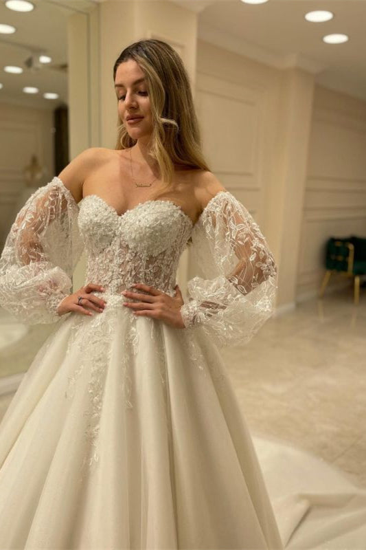 New Arrival Sweetheart Tulle Lace Wedding Dress with Bubble Sleeves