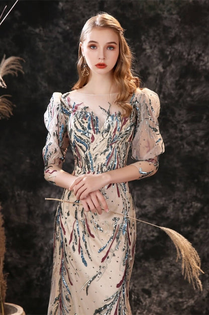 New Half Sleeves Sequins Mermaid Prom Gown w/ Sheer Long Sleeves