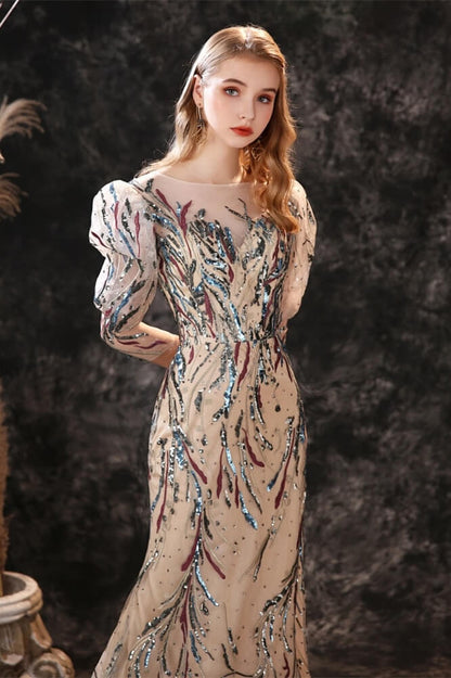 New Half Sleeves Sequins Mermaid Prom Gown w/ Sheer Long Sleeves