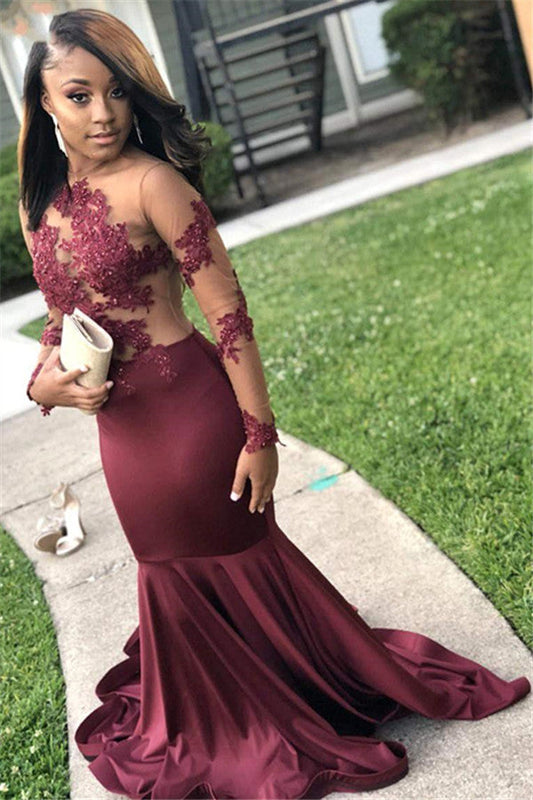 Newest Burgundy Long Sleeve Appliques Open Back Prom Dress