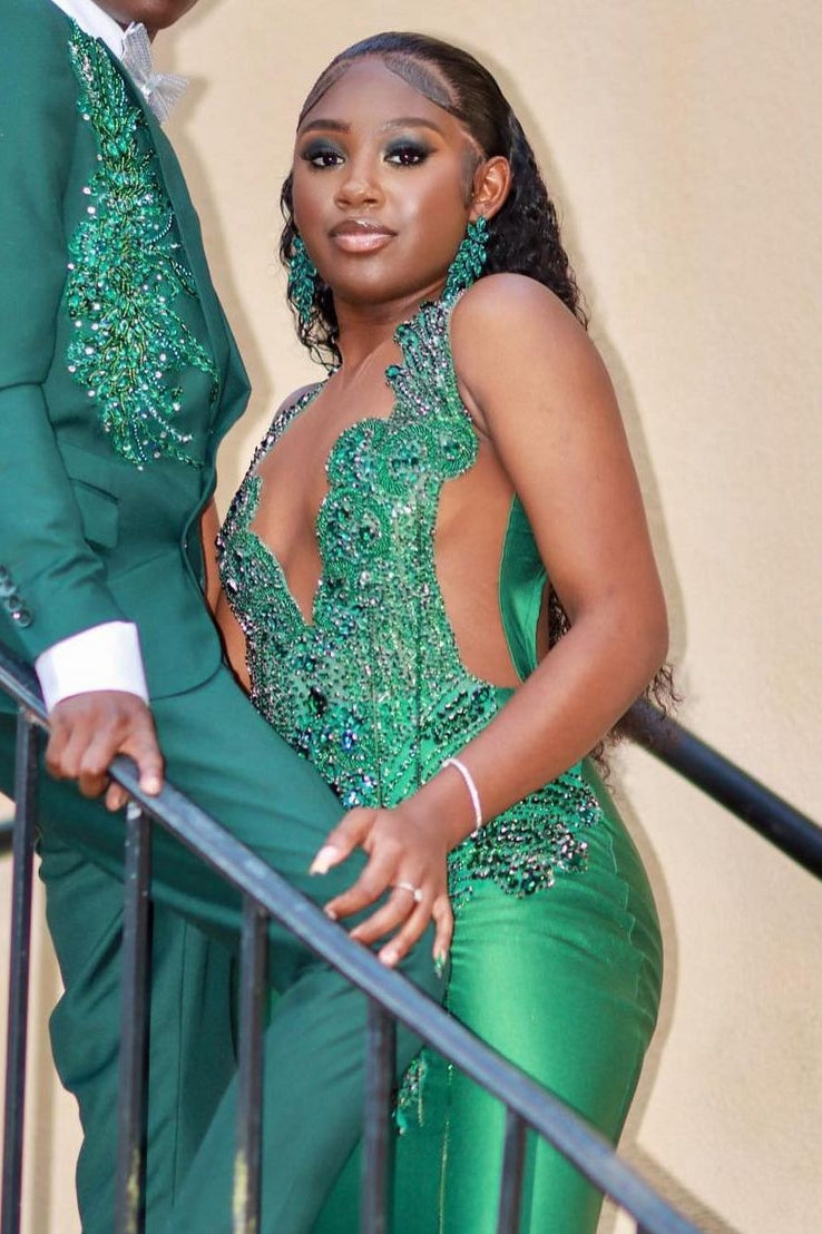Newest Green Sleeveless Crystal Mermaid Jewel Prom Dress