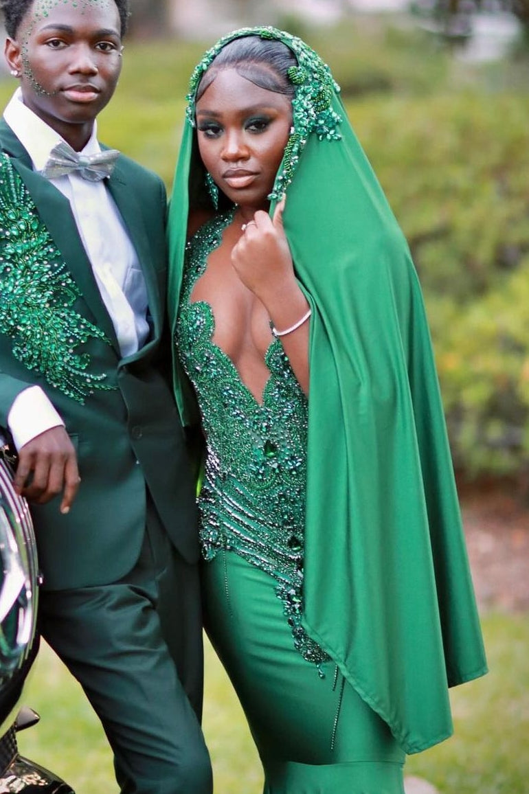 Newest Green Sleeveless Crystal Mermaid Jewel Prom Dress