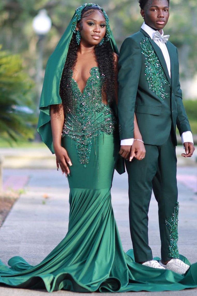 Newest Green Sleeveless Crystal Mermaid Jewel Prom Dress