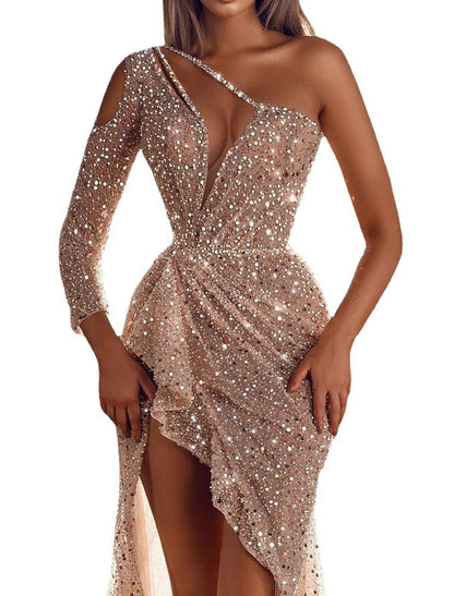 Mermaid / Trumpet Prom Dresses Sparkle & Shine Dress Wedding Guest Formal Evening Sweep / Brush Train Long Sleeve One Shoulder Sequined with Sequin 2025