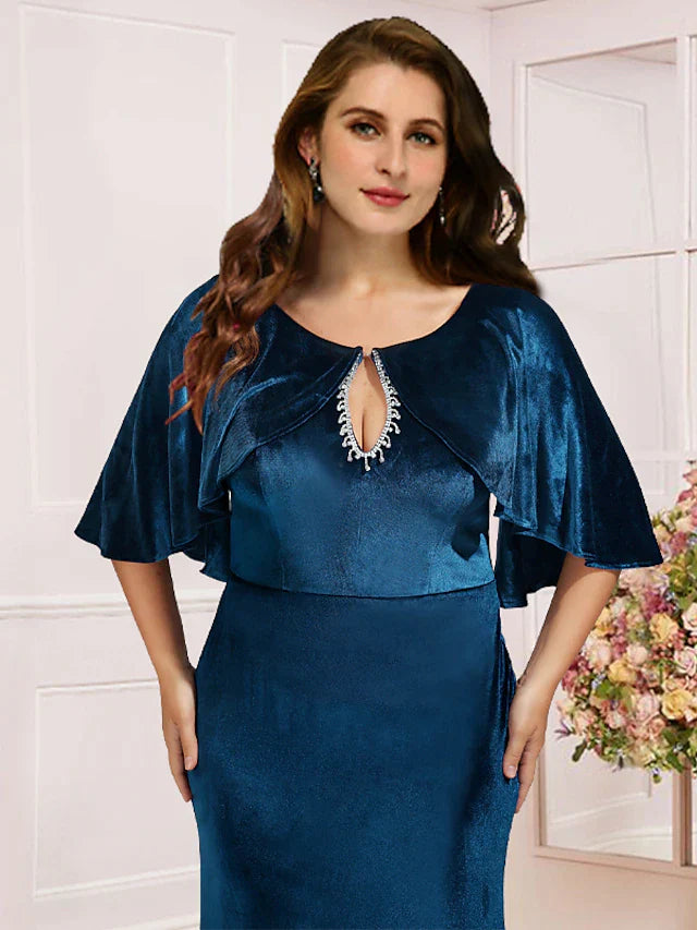 Plus Size Curve Mother of the Bride Dress Wedding Guest Vintage Elegant Scoop Neck Sweep / Brush Train Velvet Half Sleeve with Lace Pleats Beading
