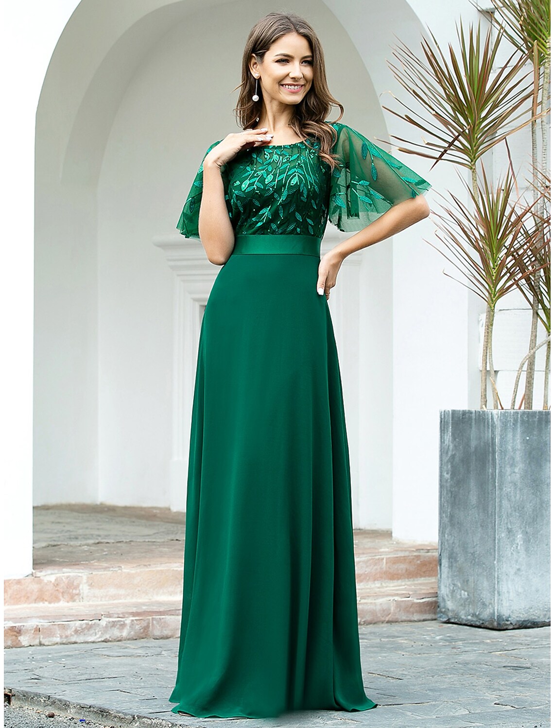 A-Line Prom Dresses Evening Party Floor Length Short Sleeve  Chiffon V Back with Sequin