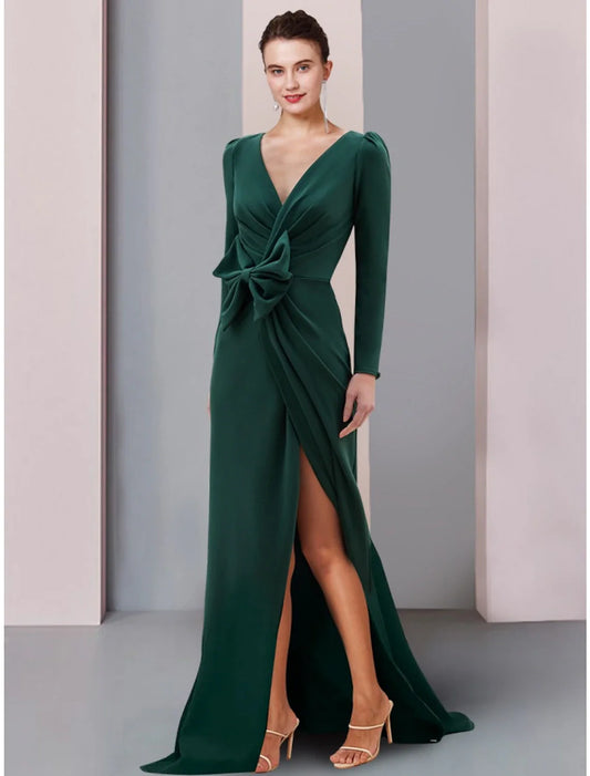 Aimishang  A-Line Mother of the Bride Dress Wedding Guest Elegant V Neck Sweep / Brush Train Stretch Fabric Long Sleeve with Bow(s) Split Front Ruching