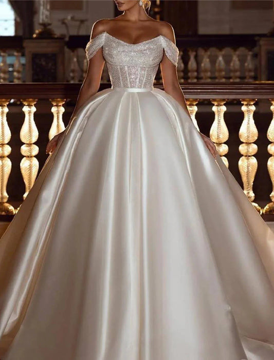 Aimishang Engagement Formal Glitter & Sparkle Wedding Dresses Ball Gown Off Shoulder Cap Sleeve Chapel Train Satin Bridal Gowns With Solid Color