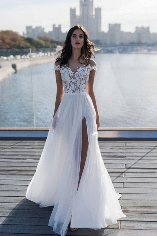 Off The Shoulder Appliques A Line Wedding Dress Side Split Tulle Bridal Dress Elegant