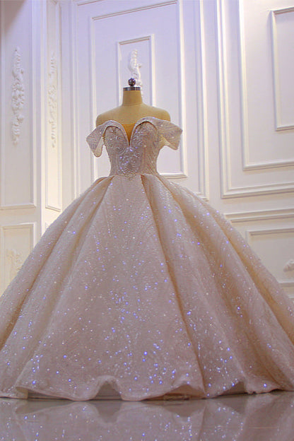 Off-the-Shoulder Wedding Dress with Ruffles, Sequins & Beading