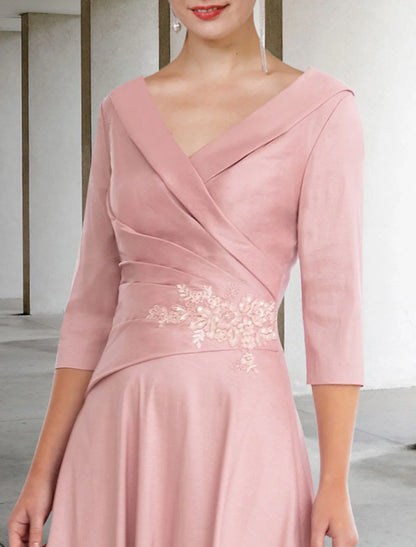 A-Line Mother of the Bride Dress Vintage Elegant V Neck Tea Length Satin Lace Half Sleeve with Appliques Side-Draped