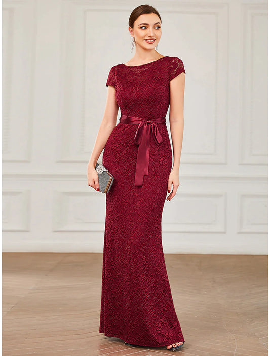 Evening Gown Vintage Dress Formal Floor Length Short Sleeve  Lace V Back with Strappy