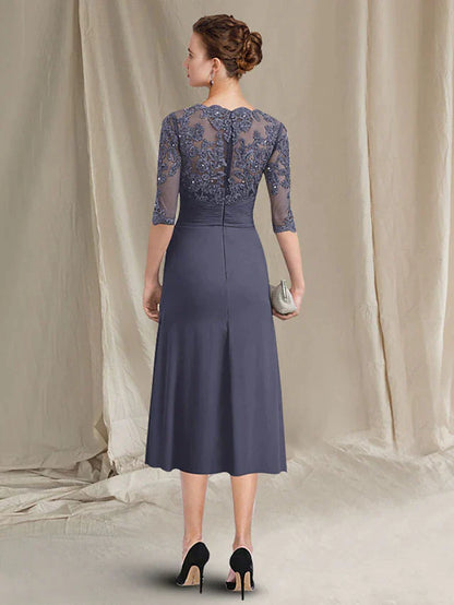 Two Piece A-Line Mother of the Bride Dress Plus Size Elegant Jewel Neck Tea Length Chiffon Lace Half Sleeve Jacket Dresses with Crystals Appliques
