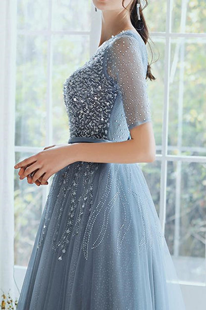 On Sale: Dusty Blue Lace-Up Evening Dress with Sequins - Hale Sleeves Long