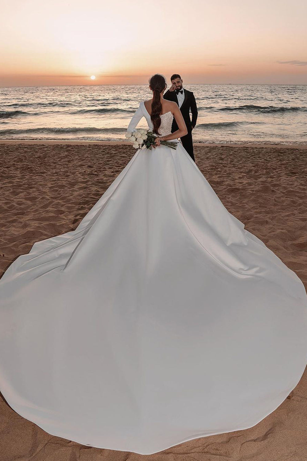 One Shoulder Long Sleeves Wedding Dress With Sparkling Sequins