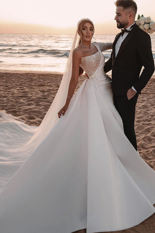 One Shoulder Long Sleeves Wedding Dress With Sparkling Sequins