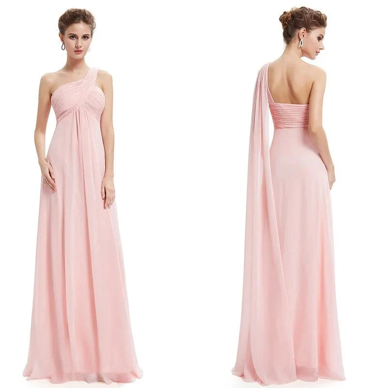 One Shoulder Ruffles Chiffon Long Evening Gowns