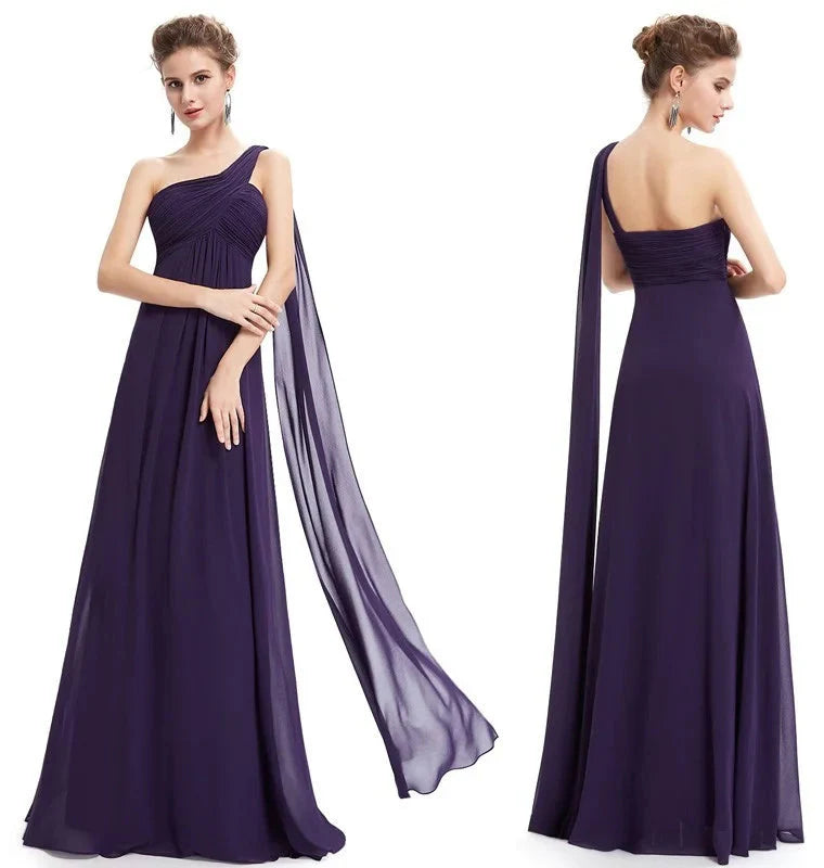 One Shoulder Ruffles Chiffon Long Evening Gowns