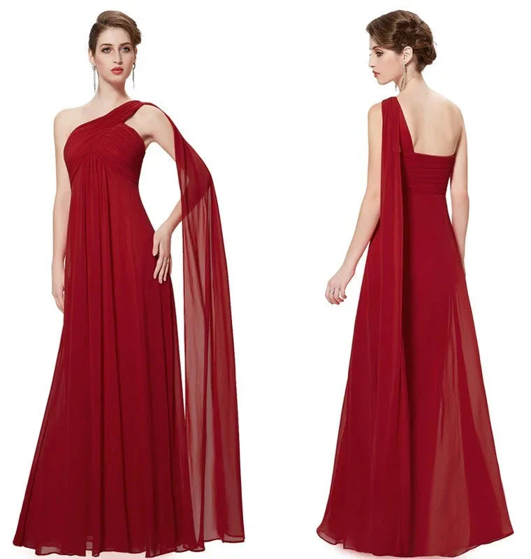 One Shoulder Ruffles Chiffon Long Evening Gowns