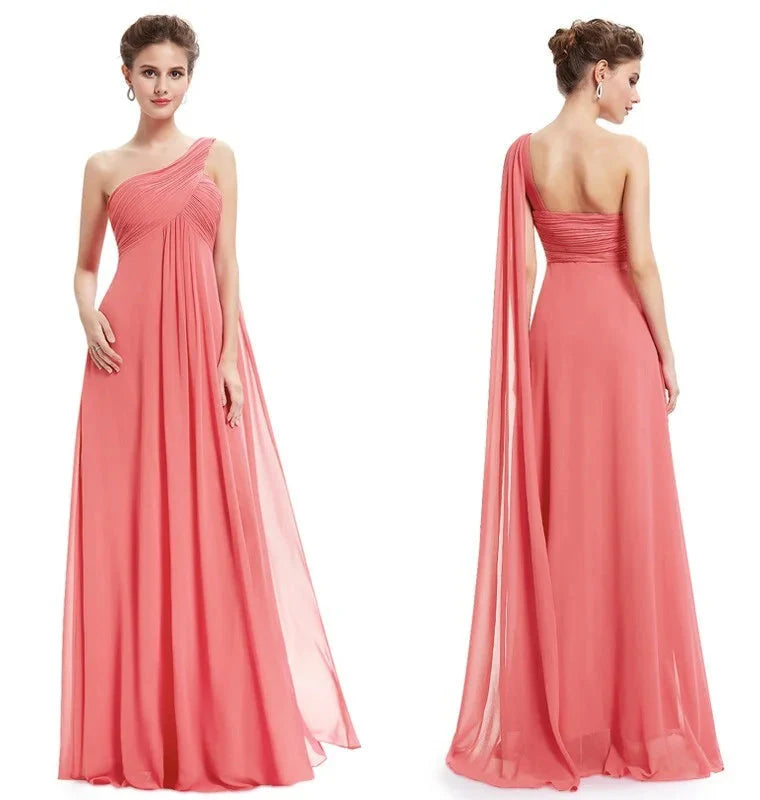 One Shoulder Ruffles Chiffon Long Evening Gowns