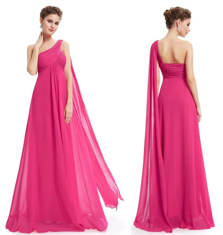 One Shoulder Ruffles Chiffon Long Evening Gowns