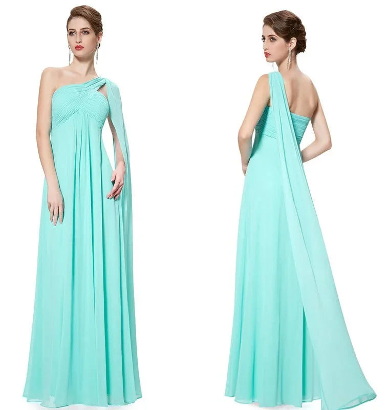 One Shoulder Ruffles Chiffon Long Evening Gowns