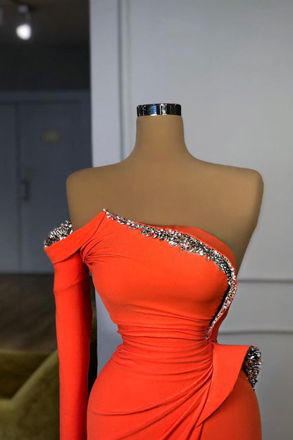 Orange One-Shoulder Long Sleeve Crystal Prom Dress
