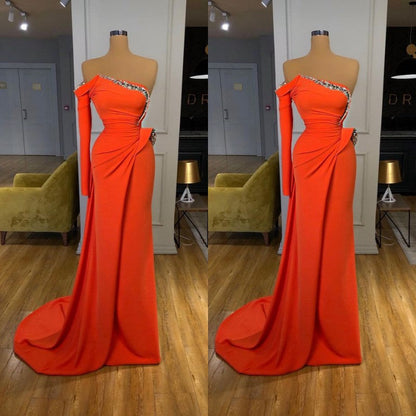 Orange One-Shoulder Long Sleeve Crystal Prom Dress